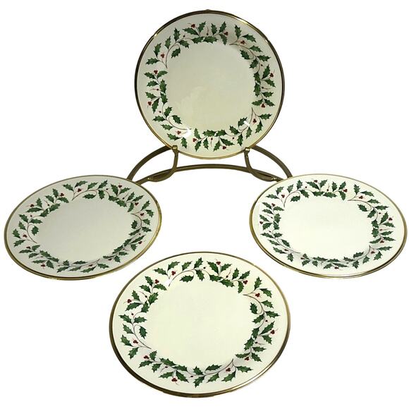 Lenox Holiday Dimension Dinner Plates Holly and Berry Ivory Gold Trim-Set of 4 - Picture 3 of 8